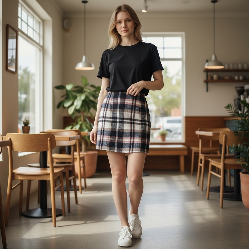 Plaid Mini Skirt Womens Plus Size Navy Pink Excellent Brushed Stretch